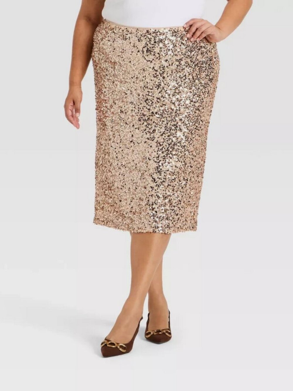 Women's High-Rise Sequin Midi Pencil Skirt - Ava & Viv Champagne 2X - Picture 3 of 3